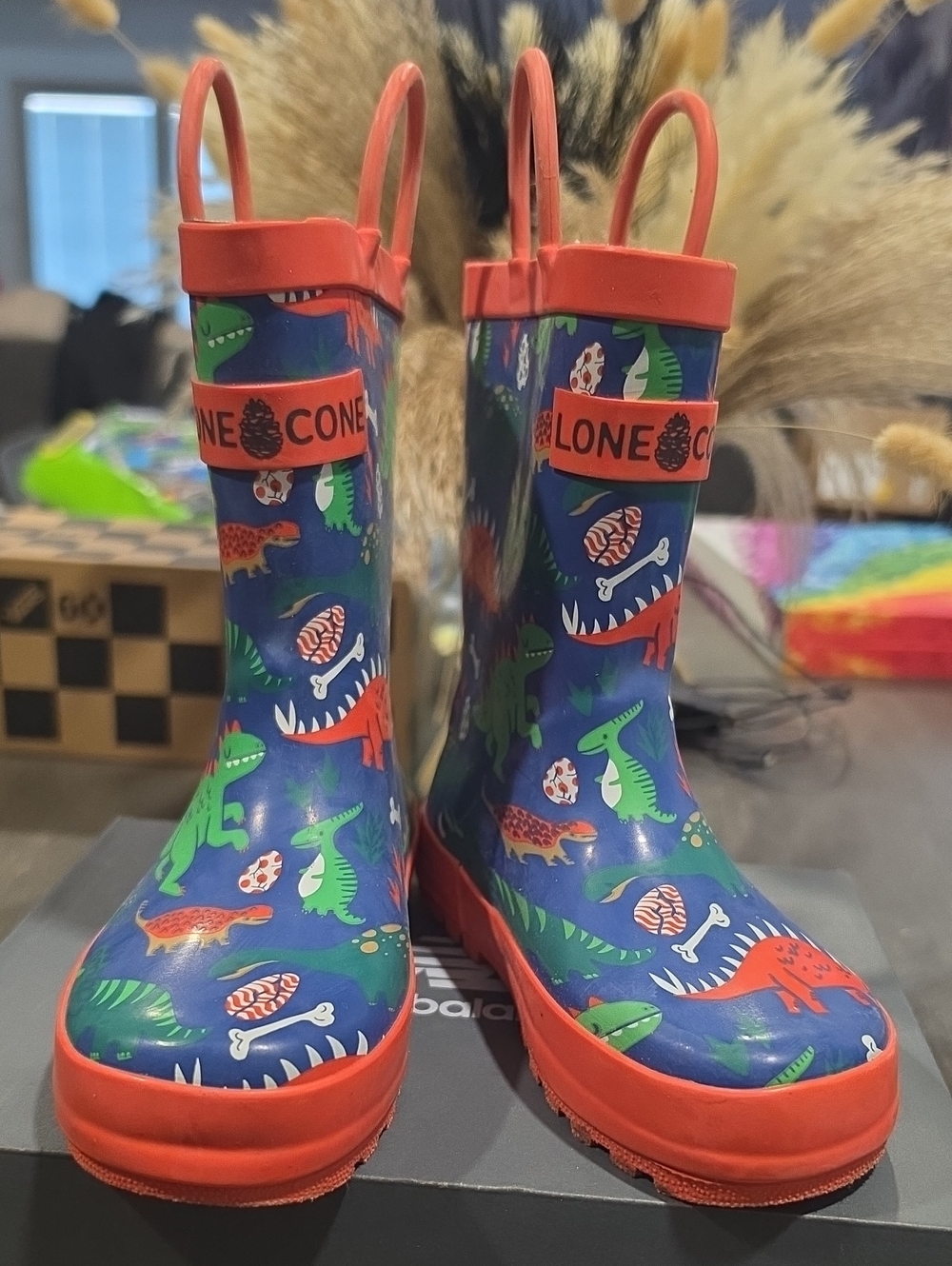 Kids Blue Dinosaur Rain Boots with Red Trim